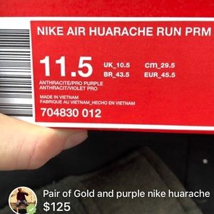 Gold and purple nike huaraches